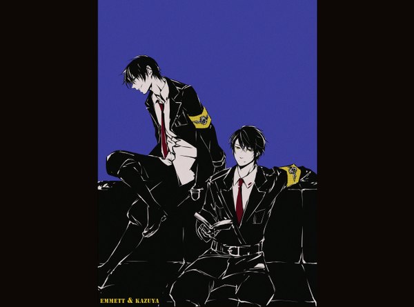 Anime picture 1400x1039 with original emmett mayuzumi kazuya nux (artist) looking at viewer short hair black hair smile sitting yellow eyes multiple boys crossed legs monochrome pale skin reading boy uniform shirt necktie 2 boys