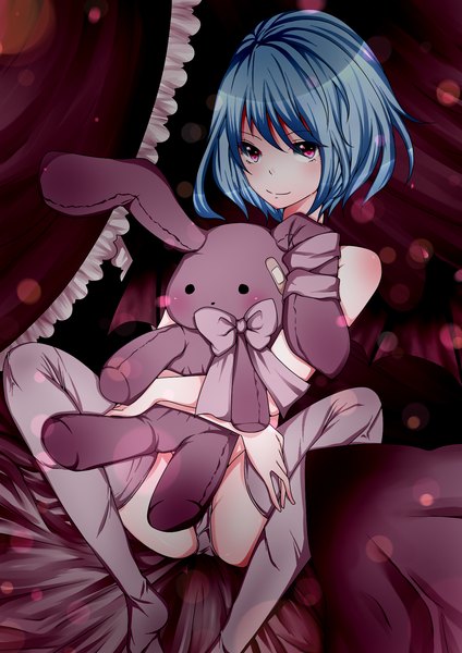 Anime picture 1354x1915 with touhou remilia scarlet aoi (husiginokuninoa) single tall image short hair light erotic bare shoulders blue hair pink eyes light smile girl thighhighs underwear panties bow white thighhighs toy stuffed animal bunny