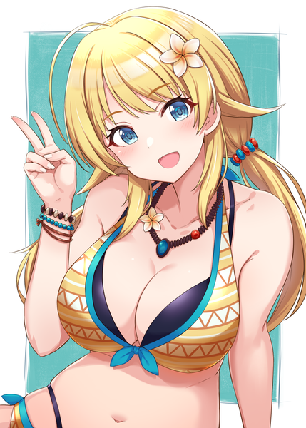 Anime picture 907x1268 with idolmaster idolmaster shiny colors hachimiya meguru mitsukazu (nijigen complex) single long hair tall image looking at viewer blush fringe breasts open mouth blue eyes light erotic simple background blonde hair smile large breasts twintails bare shoulders