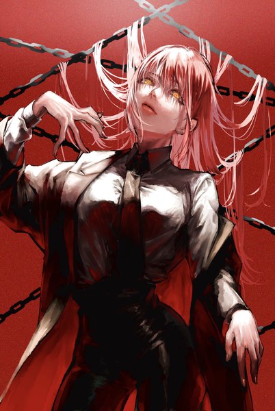 Anime picture 1668x2490 with chainsaw man mappa makima (chainsaw man) akuta vi single long hair tall image looking at viewer standing yellow eyes red hair head tilt off shoulder red background girl shirt necktie chain