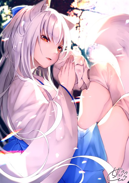 Anime picture 1417x2000 with original chita (ketchup) single long hair tall image looking at viewer fringe open mouth hair between eyes red eyes sitting holding signed animal ears silver hair tail traditional clothes parted lips head tilt japanese clothes