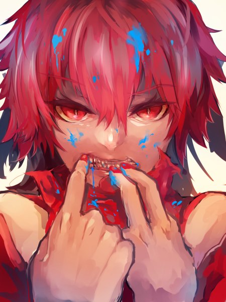 Anime picture 900x1200 with original maido mido single long hair tall image looking at viewer fringe open mouth red eyes red hair angry clenched teeth cat eyes girl hands paint