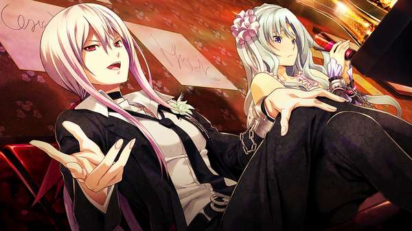 イラスト 1280x720 と disorder 6 joe (disorder 6) shiina (disorder 6) 長髪 開いた口 赤い目 wide image 座る 紫目 ピンク髪 game cg 銀髪 男の娘 女の子 ドレス 男性 髪飾り ネクタイ チェーン handcuffs