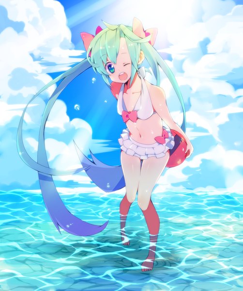 Anime picture 1340x1600 with vocaloid hatsune miku uso (ameuzaki) long hair tall image open mouth twintails cloud (clouds) one eye closed aqua eyes wink aqua hair girl navel swimsuit water
