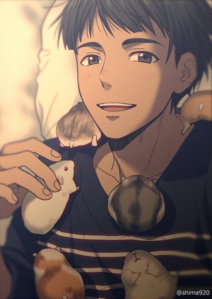 Anime picture 600x847 with yuri!!! on ice mappa phichit chulanont mashima shima single tall image looking at viewer blush fringe short hair open mouth black hair smile signed upper body lying grey eyes twitter username dark skin striped