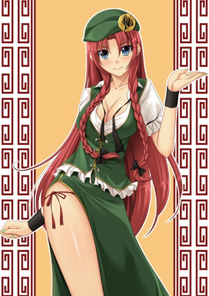 Anime picture 794x1122 with touhou hong meiling chiro (pixiv) single long hair tall image looking at viewer blush blue eyes light erotic smile red hair braid (braids) girl dress skirt bow hair bow beret skirt set