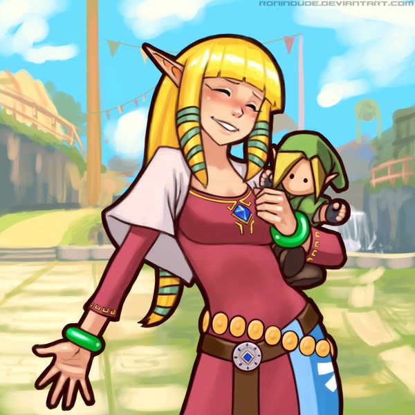 Anime picture 1000x1000 with the legend of zelda princess zelda link ronin dude (ray cornwell) single long hair blush blonde hair smile standing eyes closed pointy ears girl belt toy stuffed animal clothes