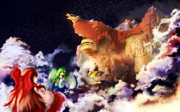 Anime picture 2400x1500 with touhou hakurei reimu kirisame marisa kochiya sanae highres wide image cloud (clouds) landscape floating island girl island innemk