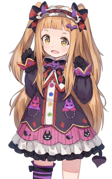 Anime picture 900x1440 with idolmaster idolmaster cinderella girls ichihara nina shone single long hair tall image looking at viewer blush fringe open mouth simple background brown hair white background yellow eyes blunt bangs fang (fangs) two side up symbol-shaped pupils halloween