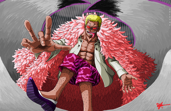 Anime picture 4792x3120 with one piece toei animation donquixote doflamingo ediptus single looking at viewer highres short hair open mouth blonde hair smile sitting signed absurdres open clothes teeth from below fur trim crossed legs outstretched arm