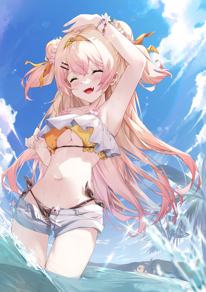 Anime picture 2067x2924 with virtual youtuber hololive momosuzu nene pola (1021) single long hair tall image fringe highres breasts open mouth light erotic blonde hair hair between eyes standing sky cloud (clouds) outdoors eyes closed arm up