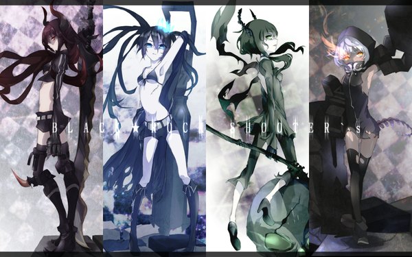 Anime picture 1920x1200 with black rock shooter black rock shooter (character) dead master strength (black rock shooter) black gold saw takka (aegis9294) long hair highres short hair blue eyes black hair red eyes wide image twintails multiple girls green eyes white hair red hair horn (horns) green hair