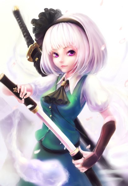 Anime picture 2344x3408 with touhou konpaku youmu myon grape.mk-233 single tall image looking at viewer fringe highres short hair simple background purple eyes white hair ghost girl bow weapon hair bow petals sword