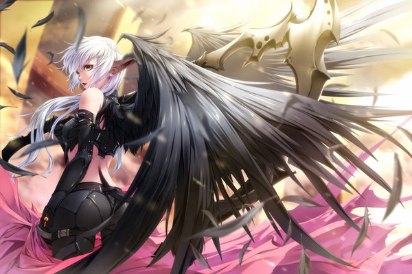 Anime picture 1920x1280 with original rezi single long hair highres open mouth bare shoulders brown eyes looking away white hair tail pointy ears black wings girl gloves weapon wings black gloves elbow gloves feather (feathers)