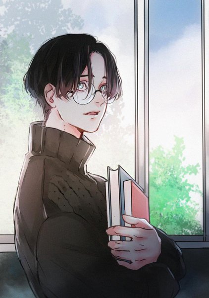 Anime picture 703x1000 with original saito yukihiro single tall image fringe short hair open mouth black hair hair between eyes holding looking away sky cloud (clouds) indoors silver eyes boy glasses window book (books) sweater