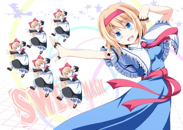 Anime picture 1100x786 with touhou alice margatroid tri (pixiv) short hair blue eyes blonde hair girl dress hairband doll (dolls)