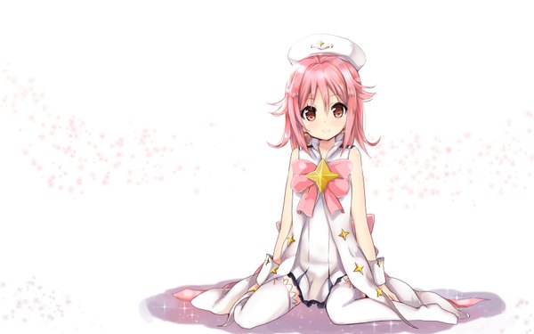 Anime picture 3360x2100 with houkago no pleiades subaru (houkago no pleiades) amano kouki single looking at viewer blush highres short hair simple background smile red eyes white background sitting bare shoulders pink hair absurdres no shoes wariza girl thighhighs