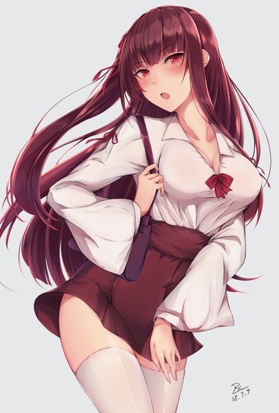 Anime picture 2372x3508 with girls frontline wa2000 (girls frontline) zhishi ge fangzhang single long hair tall image looking at viewer blush fringe highres breasts open mouth light erotic simple background red eyes brown hair standing signed cleavage blunt bangs