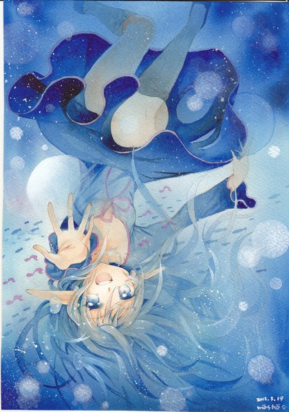 Anime picture 700x1000 with original mosho single long hair tall image looking at viewer open mouth blue eyes signed blue hair pointy ears tears upside down traditional media falling watercolor (medium) girl dress socks pendant