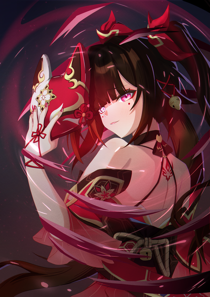Anime picture 2894x4093 with honkai: star rail honkai (series) sparkle (honkai: star rail) sinusoidal.cat single long hair tall image looking at viewer fringe highres black hair twintails bare shoulders payot upper body blunt bangs nail polish pink eyes wide sleeves tattoo
