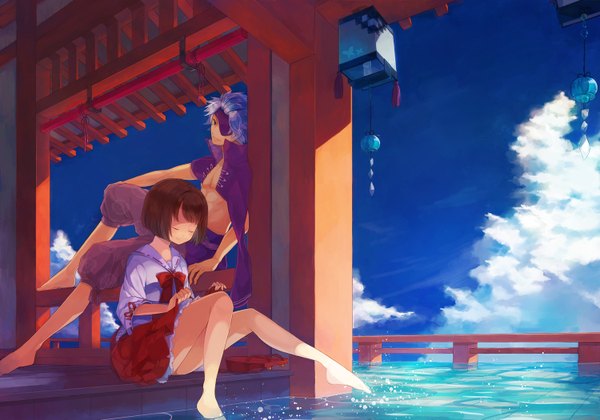 Anime picture 1500x1052 with sengoku basara production i.g motochika chousokabe tsuruhime namiri short hair brown hair silver hair cloud (clouds) eyes closed barefoot open clothes bare legs girl boy bow water eyepatch lantern