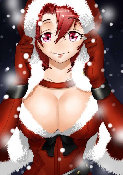Anime picture 705x1000 with goblin slayer! white fox cow girl (goblin slayer!) sengoku rokurou single tall image looking at viewer fringe short hair breasts light erotic simple background smile hair between eyes standing purple eyes payot cleavage red hair fur trim