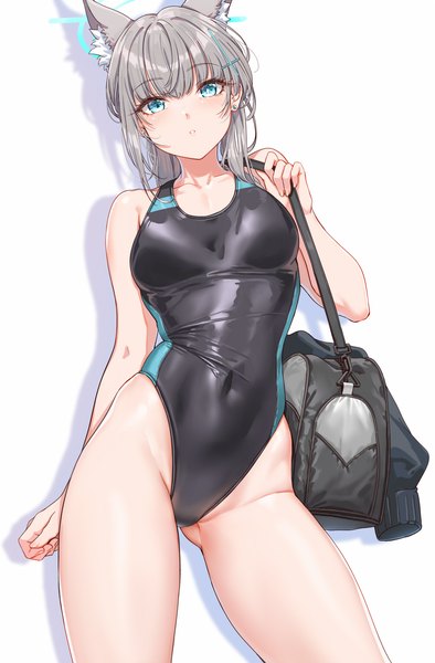 Anime-Bild 1000x1522 mit blue archive shiroko (blue archive) shiroko (swimsuit) (blue archive) fangxiang cuoluan single long hair tall image looking at viewer blush fringe breasts blue eyes light erotic simple background large breasts standing white background animal ears blunt bangs parted lips