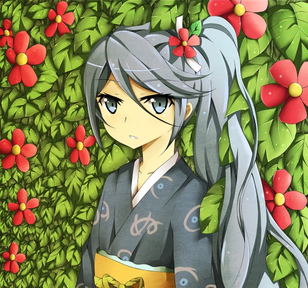 Anime picture 1250x1171 with hataraku maou-sama! white fox kamazuki suzuno ollycrescent single long hair looking at viewer open mouth upper body traditional clothes japanese clothes hair flower grey hair grey eyes side ponytail girl hair ornament flower (flowers) kimono leaf (leaves)