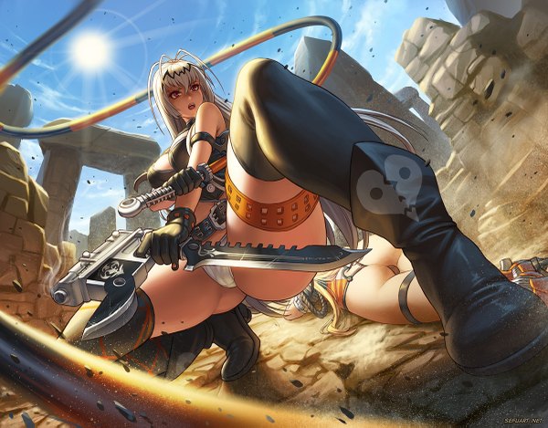 Anime picture 1200x939 with queen's gate alice (queen's gate) dorothy (queen's gate) speeh long hair open mouth light erotic blonde hair red eyes multiple girls sky cloud (clouds) ass grey hair sunlight spread legs girl underwear panties weapon