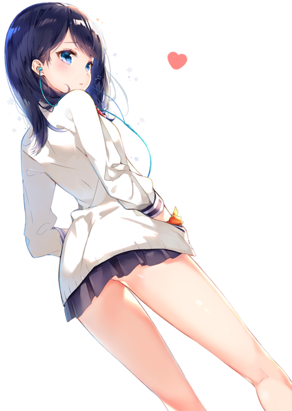 Anime picture 1067x1500 with gridman universe ssss.gridman studio trigger takarada rikka recotasan single long hair tall image looking at viewer blush fringe open mouth blue eyes light erotic black hair simple background standing white background ass pleated skirt