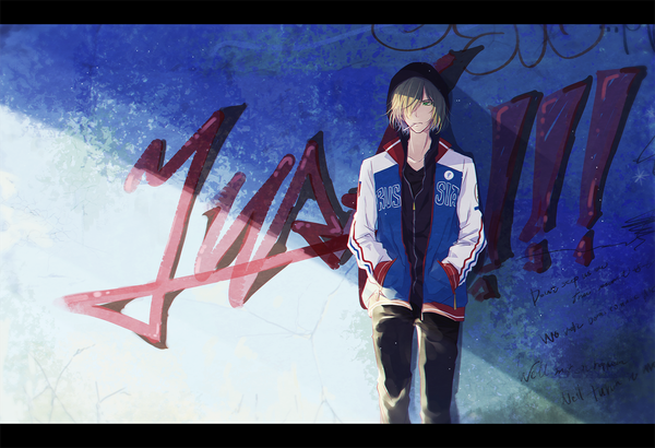 Anime picture 1794x1226 with yuri!!! on ice mappa yuri plisetsky mokoppe single fringe highres short hair blonde hair green eyes hair over one eye open jacket shadow copyright name letterboxed hands in pockets against wall boy jacket hood