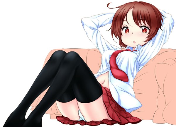 Anime picture 1150x833 with original zizi (zz22) single looking at viewer short hair open mouth light erotic simple background red eyes brown hair white background sitting ahoge ass pleated skirt pantyshot zettai ryouiki pantyshot sitting partially open clothes girl