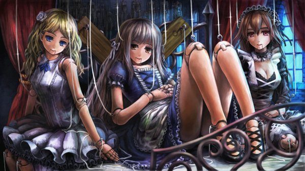 Anime picture 2560x1440 with dragon's crown vanillaware long hair looking at viewer highres breasts blue eyes blonde hair brown hair wide image sitting purple eyes multiple girls brown eyes cleavage hair flower grey hair maid flat chest reclining