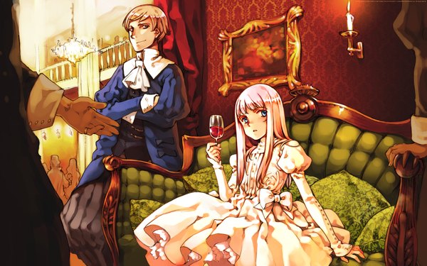 Anime picture 1920x1200 with original littlewitch oyari ashito long hair highres short hair blue eyes blonde hair wide image standing sitting pink hair indoors puffy sleeves silhouette princess royalty girl dress boy