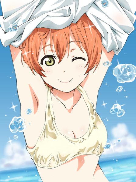 Anime picture 746x1000 with love live! school idol project sunrise (studio) love live! hoshizora rin ginmaru single tall image looking at viewer fringe short hair breasts light erotic smile hair between eyes green eyes sky cloud (clouds) one eye closed wink orange hair