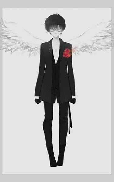 Anime picture 627x1000 with bishoujo senshi sailor moon toei animation safire saki (hxaxcxk) single tall image short hair black hair standing eyes closed open clothes open jacket pale skin angel wings framed grey skin boy gloves flower (flowers) wings