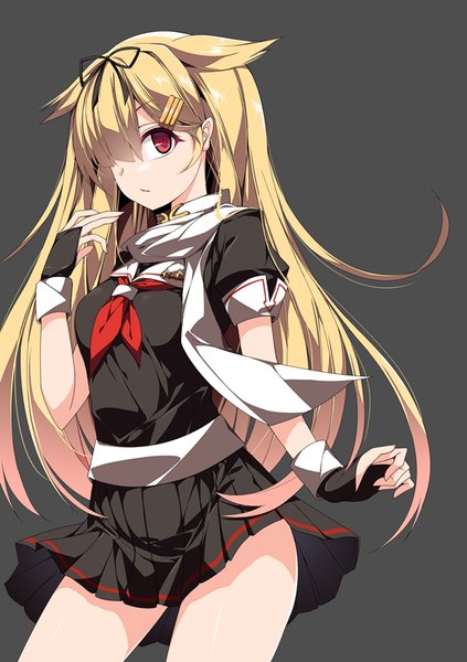 Anime picture 595x842 with kantai collection yuudachi destroyer sakurame single long hair tall image fringe light erotic simple background blonde hair red eyes standing looking away hair over one eye black background alternate hairstyle remodel (kantai collection) girl uniform serafuku