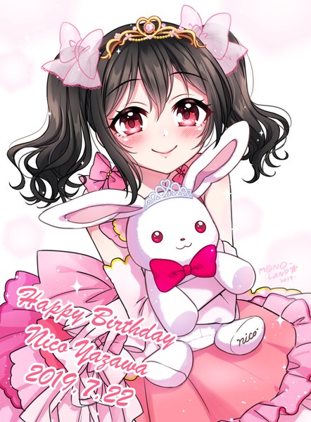 Anime picture 1388x1884 with love live! school idol project sunrise (studio) love live! yazawa nico mono land single long hair tall image looking at viewer blush fringe black hair simple background smile hair between eyes red eyes white background sitting twintails holding