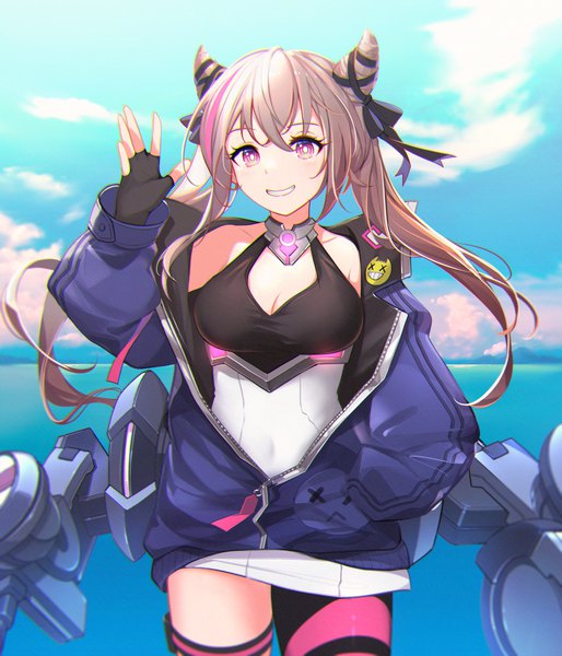 Anime picture 2400x2800 with azur lane san francisco (azur lane) rabe26k single long hair tall image highres light erotic smile brown hair standing purple eyes twintails sky cloud (clouds) multicolored hair hair bun (hair buns) streaked hair grin covered navel