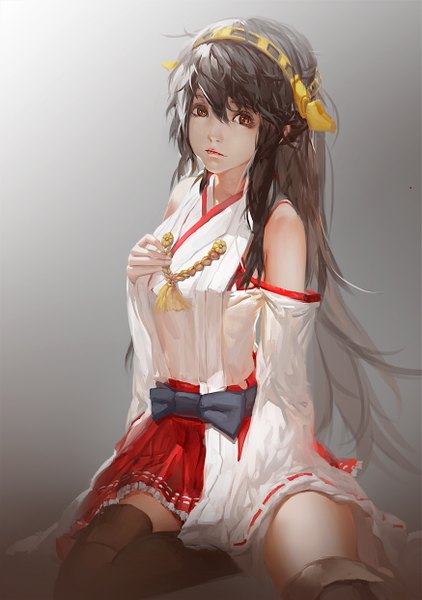 Anime picture 873x1240 with kantai collection haruna battleship blackrabbitsoul single long hair tall image looking at viewer simple background sitting brown eyes traditional clothes japanese clothes grey hair nontraditional miko girl skirt miniskirt boots headdress thigh boots