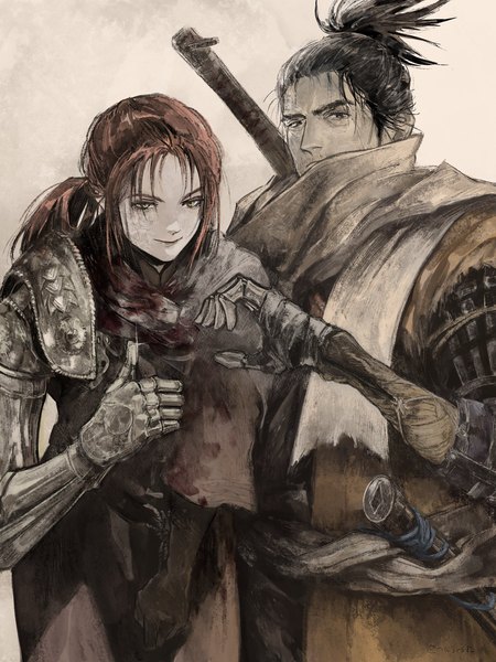 Anime picture 1536x2048 with elden ring sekiro: shadows die twice from software sekiro millicent (elden ring) fune (nkjrs12) long hair tall image looking at viewer fringe black hair standing yellow eyes red hair black eyes crossover bloody clothes thumbs up heart hands failure girl