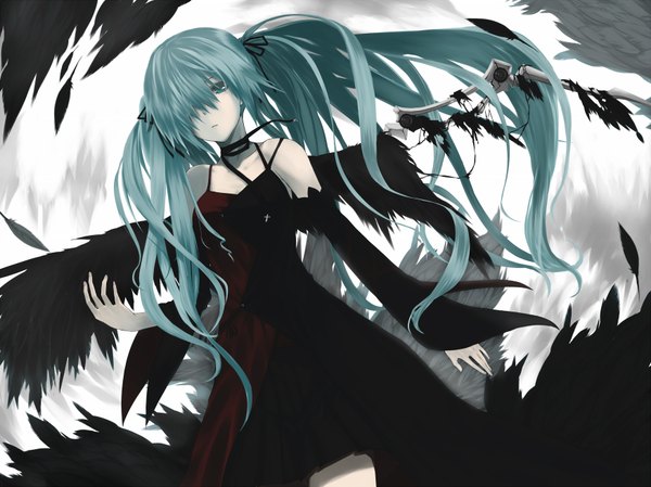 Anime picture 1750x1312 with vocaloid hatsune miku simon (n.s craft) single long hair fringe highres twintails bare shoulders green eyes green hair hair over one eye mechanical wings mechanical parts girl dress detached sleeves wings black dress