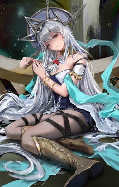 Anime picture 3936x6189 with arknights skadi (arknights) skadi the corrupting heart (arknights) skadi the corrupting heart (sublimation) (arknights) sishima single tall image looking at viewer fringe highres hair between eyes red eyes sitting absurdres silver hair full body very long hair head tilt official alternate costume girl