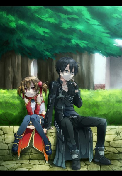 Anime picture 1040x1500 with sword art online a-1 pictures kirigaya kazuto silica tall image looking at viewer fringe short hair black hair smile red eyes brown hair sitting twintails black eyes short twintails girl thighhighs boy hair ornament