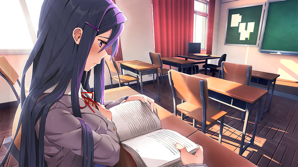 Anime picture 1280x720 with doki doki literature club yuri (doki doki literature club) satchely long hair blush fringe breasts hair between eyes wide image sitting purple eyes payot purple hair indoors long sleeves profile fingernails sunlight looking down solo focus