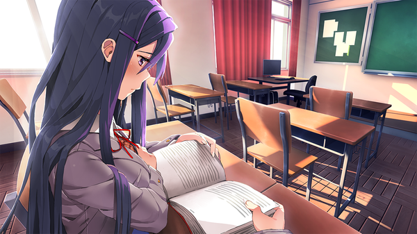 Аниме картинка 1280x720 с doki doki literature club yuri (doki doki literature club) satchely длинные волосы румянец чёлка грудь волосы между глазами широкое изображение сидит фиолетовые глаза пейсы фиолетовые волосы в помещении длинные рукава профиль ногти солнечный свет смотрит вниз solo focus