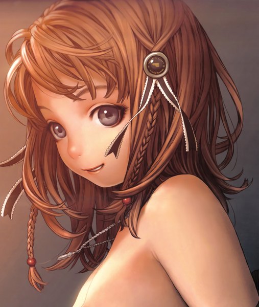Anime picture 4000x4727 with range murata single long hair tall image highres blue eyes simple background smile brown hair bare shoulders absurdres braid (braids) grey background portrait face girl ribbon (ribbons)