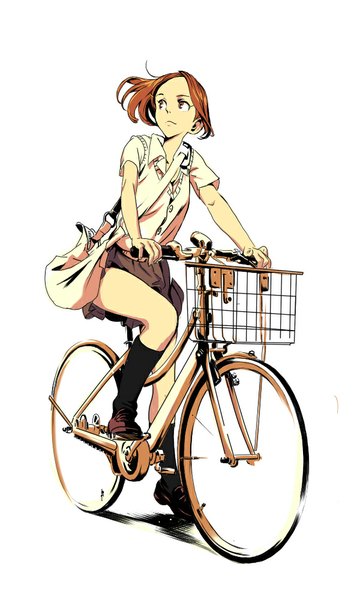 Anime picture 590x1000 with original magomago single tall image short hair simple background brown hair white background brown eyes looking away girl uniform school uniform socks black socks bag vest ground vehicle bicycle