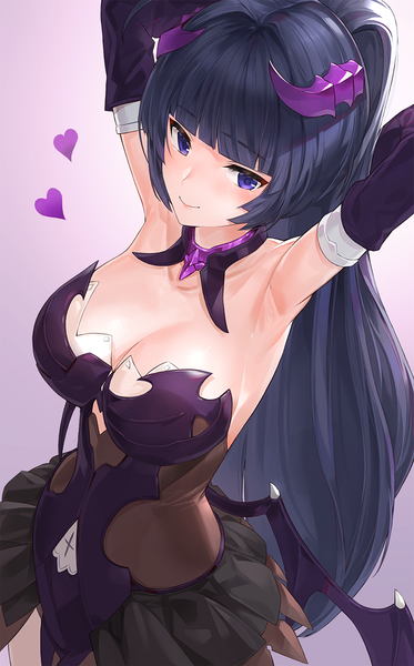 Anime picture 685x1100 with honkai impact 3rd benghuai xueyuan honkai (series) raiden mei kfr single long hair tall image looking at viewer blush fringe breasts light erotic simple background smile large breasts standing purple eyes blue hair cleavage