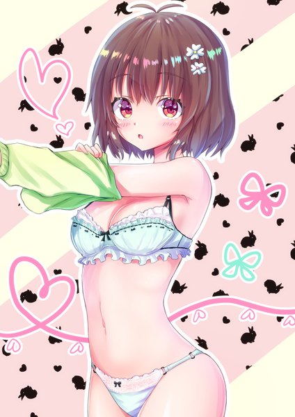 Anime picture 1448x2048 with original tenzeru single tall image looking at viewer blush fringe short hair breasts open mouth light erotic simple background hair between eyes red eyes brown hair standing bare shoulders cleavage ahoge hair flower